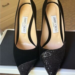 38 Jimmy Choo Velvet and Black Glitter Pumps